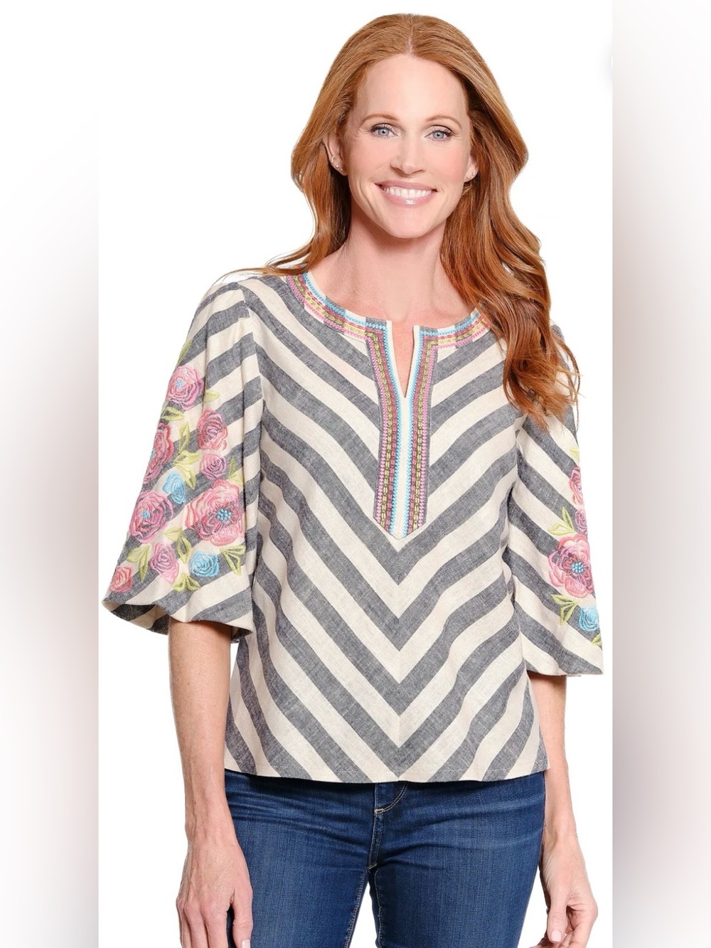 John Mark 2X Linen Blend Striped Floral Embroidered Boho Puff Sleeve Tunic Top